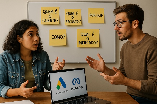 Um quadro branco com post-its e perguntas anotadas, rodeado por dois pequenos empreendedores discutindo com expressões de curiosidade e descoberta. Há um notebook aberto com ícones de Google e Meta Ads visíveis. Estilo realista, cenário informal, transmitindo busca por conhecimento e solução de dúvidas
