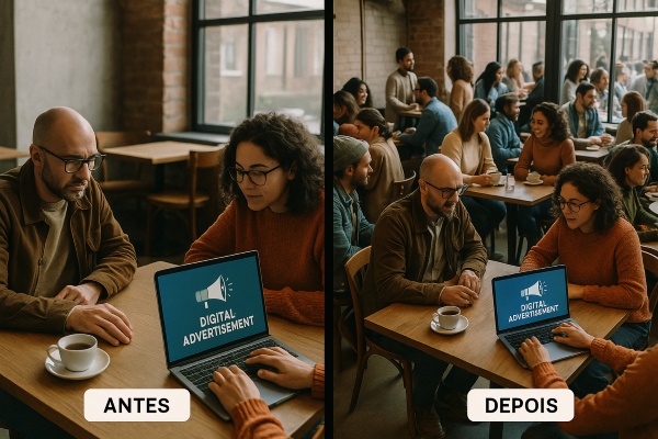 Duas pessoas em uma cafeteria simples revisando um anúncio digital no notebook, enquanto outras mesas estão vazias. Em contraste, a imagem ao lado mostra o mesmo lugar lotado após investir em publicidade online. Composição dividida, estilo realista, transmitindo o impacto direto da publicidade digital no fluxo de clientes