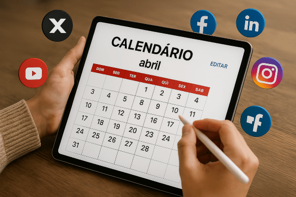 Pessoa segurando tablet com calendário de abril e ícones de redes sociais, representando um calendário de conteúdo para redes sociais.