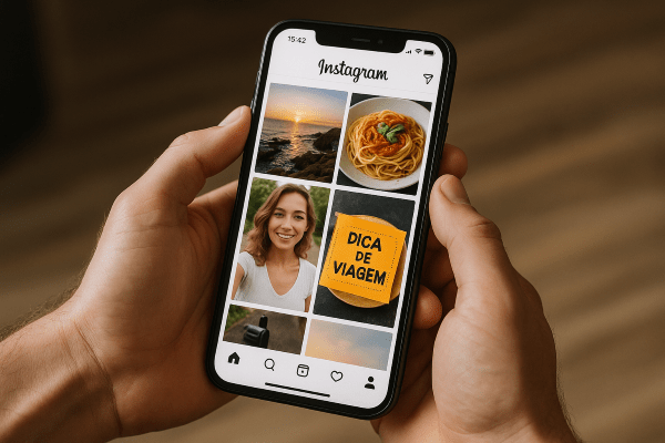 Pessoa segurando smartphone com feed do Instagram, mostrando postagens variadas como parte de um calendário de conteúdo para redes sociais.