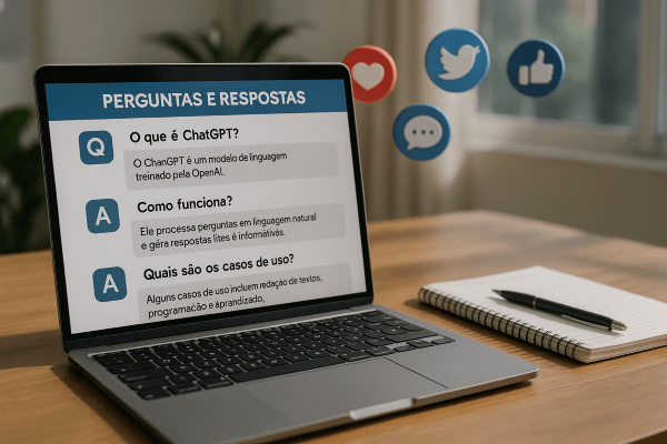 Notebook exibindo perguntas e respostas sobre ChatGPT, com ícones de redes sociais ao fundo, relacionado a calendário de conteúdo para redes sociais.