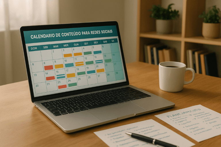 Notebook exibindo calendário de conteúdo para redes sociais ao lado de xícara de café e folhas de planejamento.