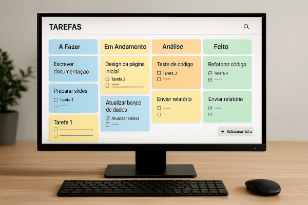 Monitor exibindo calendário de conteúdo para redes sociais organizado em colunas de tarefas coloridas.