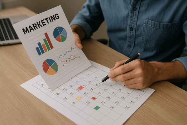 Pessoa segurando gráfico de marketing e apontando para calendário de planejamento com caneta.